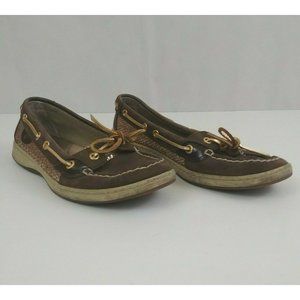 Sperry Top Sider Angelfish Womens Brown Leather Boat Shoe Gold Glitter Sz 8.5M